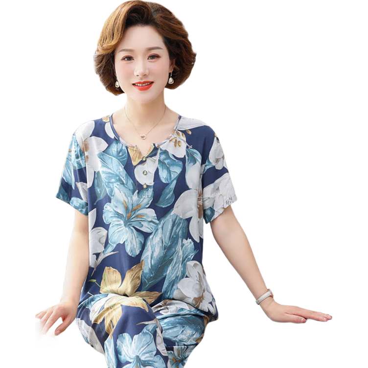 俞兆林棉綢睡衣女春夏大碼短袖長(zhǎng)褲母親節(jié)送媽媽涼感薄中老年家居服套裝