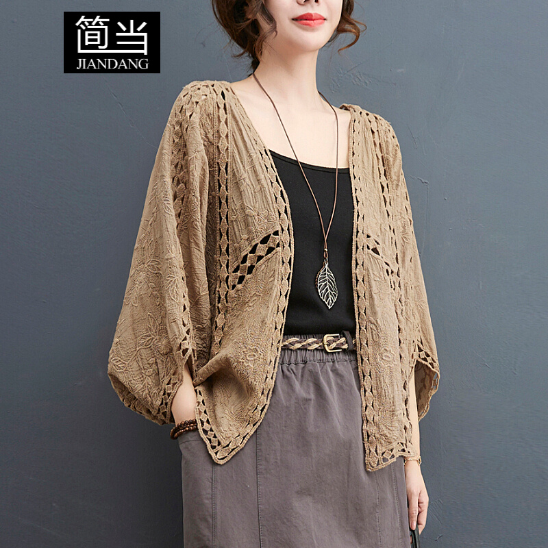 简当夏装胖mm大码女装钩花镂空开衫外搭披肩上衣v领七分袖薄款短外套