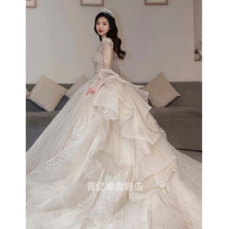 品莠長(zhǎng)袖婚紗新娘2022新款主紗質(zhì)感禮服冬季重工小個(gè)子法式輕大碼 拖尾款+頭紗裙撐 xl