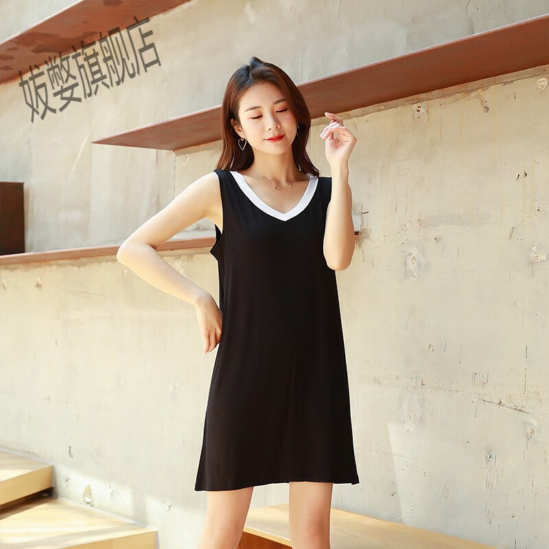 连衣裙女胖妹妹加肥加大码200斤无袖背心裙睡衣 黑色 l建议100-150斤