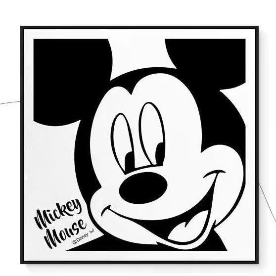 儿童黑白简笔装饰画北欧客厅黑白灰棋盘格子卡通米奇摆件画酒柜床