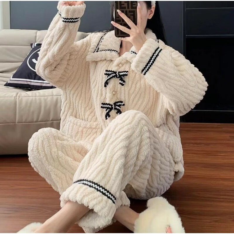 有只绵珊瑚绒睡衣两件套女士秋冬季加厚加绒保暖可爱毛绒宽松家居服套装 小香蝴蝶结-套装 L (建议90-120斤)