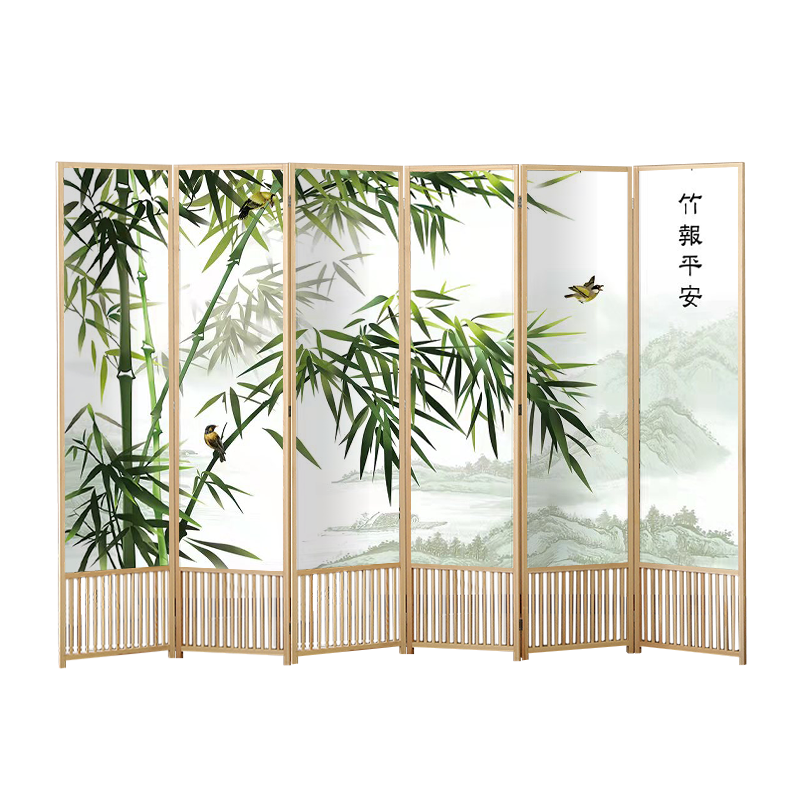 【工来工往】屏风家用实木屏风隔断客厅卧室中式时尚办公室现代酒店折屏可折叠拉直竹报平安 竹报平安 六屏1.8*0.5m(不含底座)