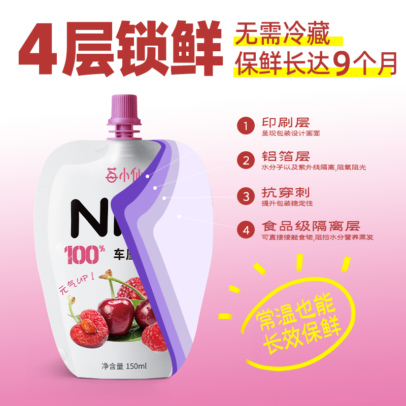 莓小仙NFC100%纯车厘子树莓汁果汁饮料0脂0添加蔗糖整箱装150ml*10袋/箱 1箱装(150ml*10袋)+送1袋
