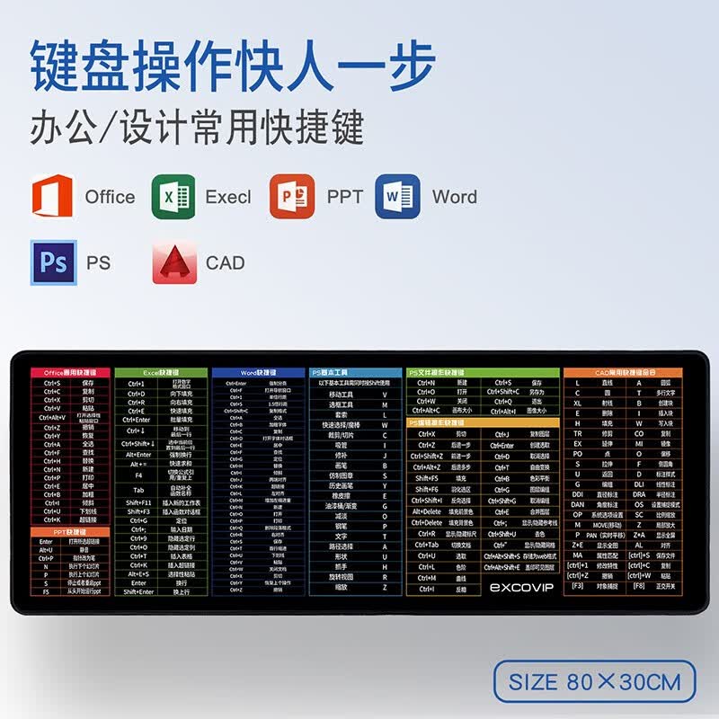 宜适酷快捷键大全键盘鼠标垫大号长款 Linux命令办公软件Excel CAD PS设计做图桌垫笔记本电脑垫精密锁边 Office/设计快捷键 800x300x2mm