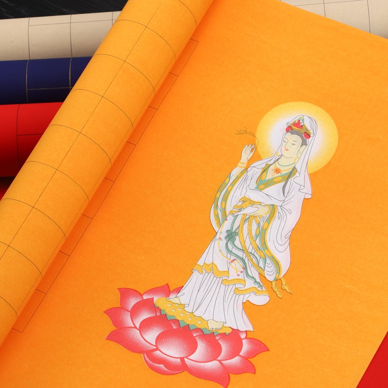 希古斋 蜡染彩绘观音心经方格宣纸四尺对开半生熟3厘米格子288格带落款小楷毛笔书法创作品专用 仿古色(3cm格子-288格) 四尺对开:34*138厘米(5张/包)