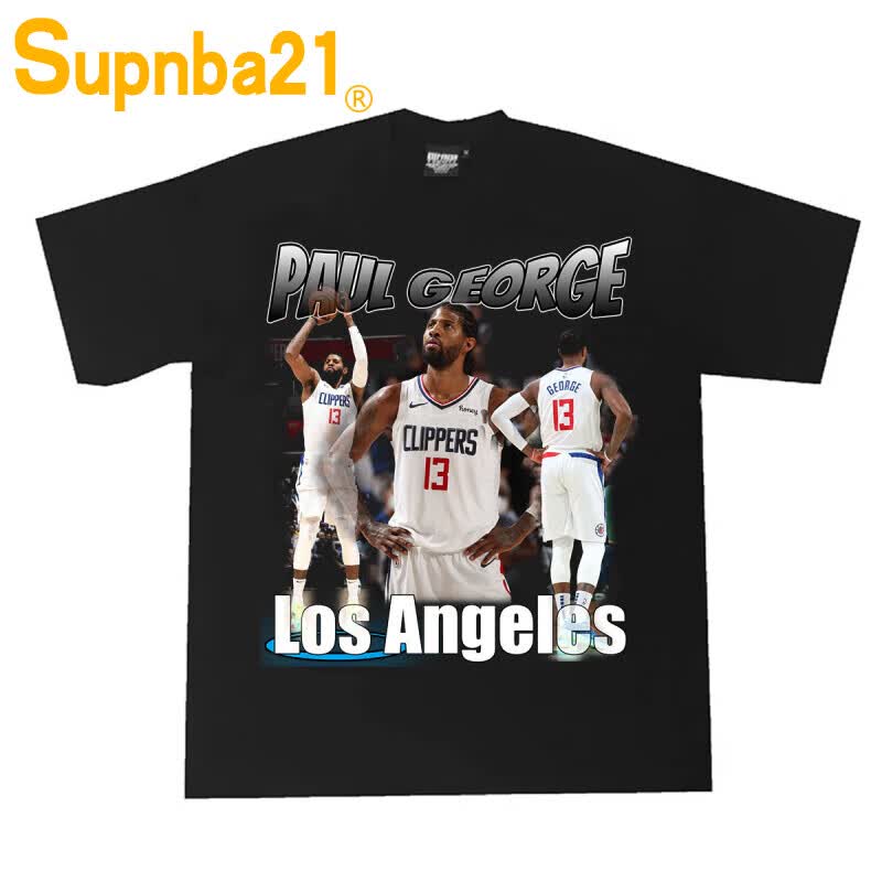 supnba21保罗乔治快船队美式嘻哈复古圆领短袖青春流行宽松印花休闲