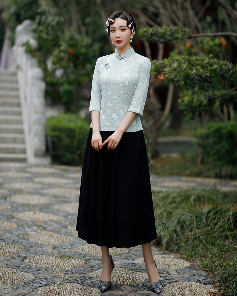 应否旗袍套装夏装修身时尚雪纺碎花旗袍上衣半身裙子妈妈装中式两件套
