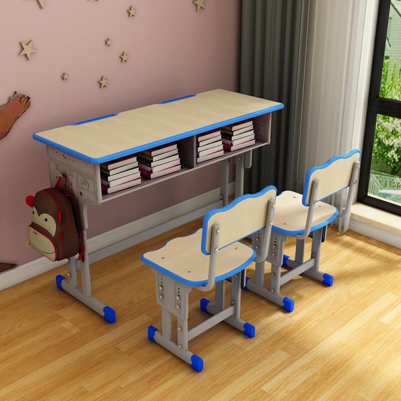 书桌校园教室培训辅导班可升降写字桌 加厚双人桌 2椅子d1白象色一套