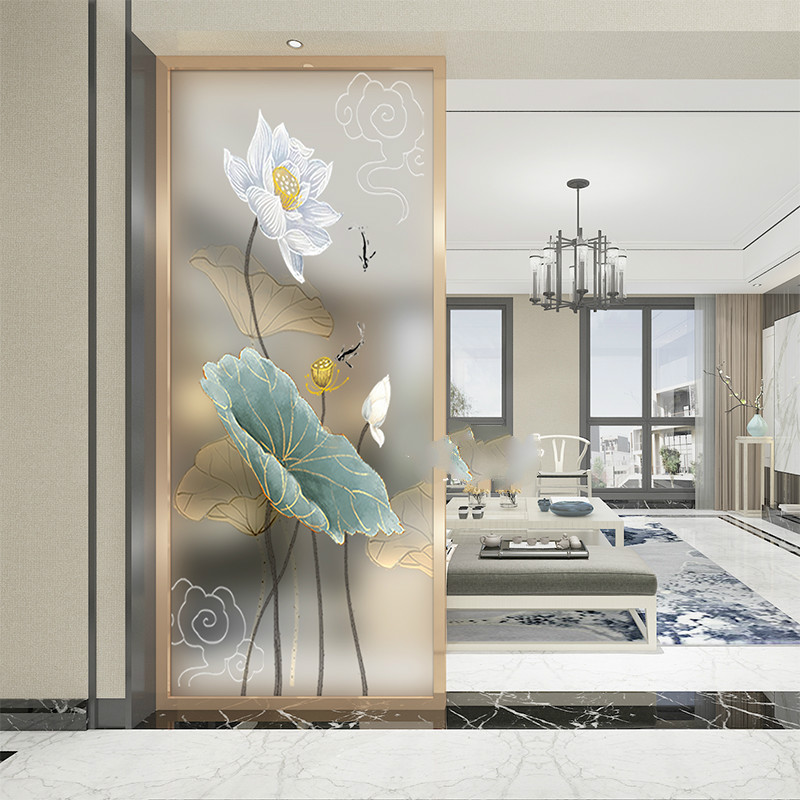 可狄现代钢化艺术玻璃双面隔断屏风玄关客厅背景磨砂透光简约荷花 光