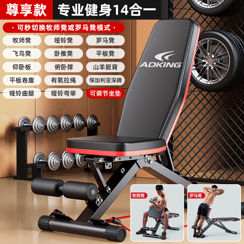 ADKING哑铃凳卧推男士仰卧起坐辅助器家用健身椅多功能运动器材专业椅子 尊享14合1/可调坐垫 变牧师凳+绳