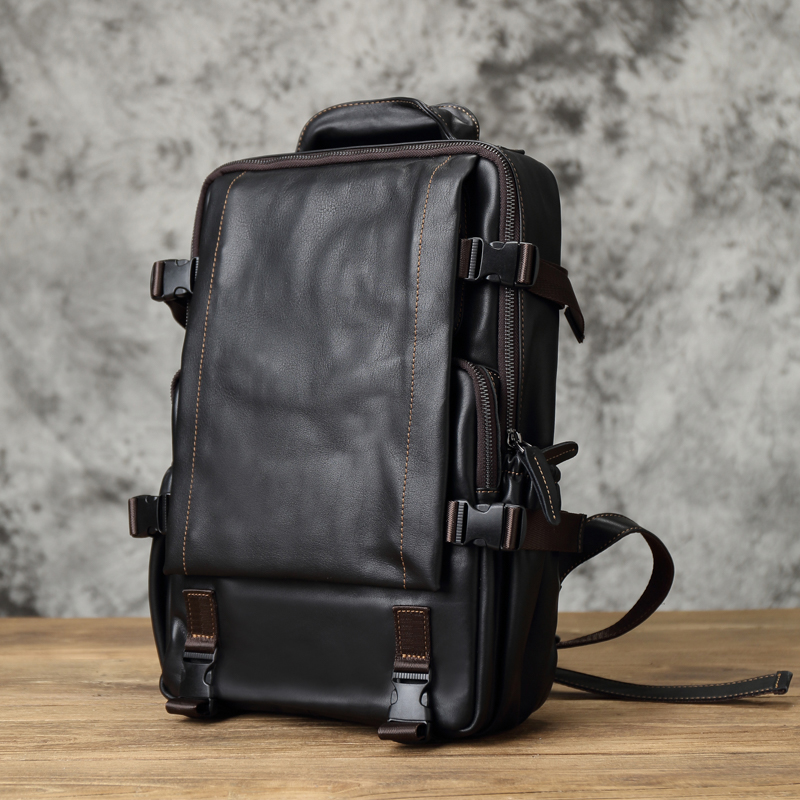 帕米琪（PAMIQI）真皮男士女神节双肩包头层牛皮休闲商务旅行背包时尚电脑包书包 黑色(小号)