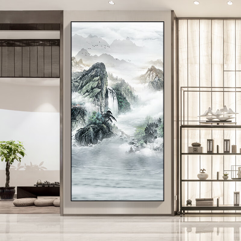 雅空山水画客厅风景海纳百川新中式玄关装饰画竖版走廊过道壁画山水国