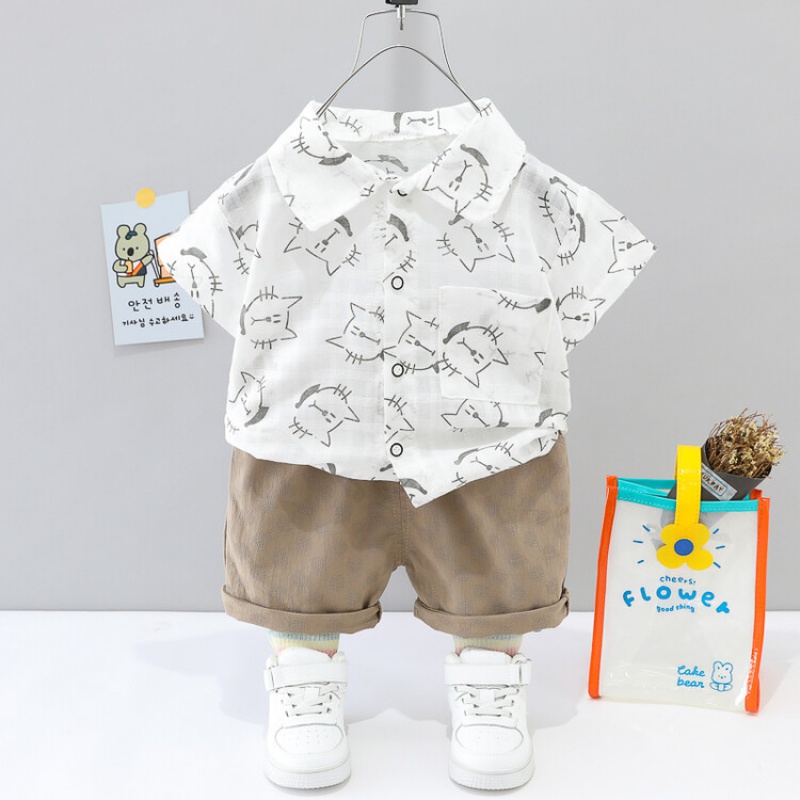 圆圆米米男宝宝短袖衬衫套装夏装男童T恤1一3-4岁潮婴儿衣服小童洋气衬衣0 白色 90