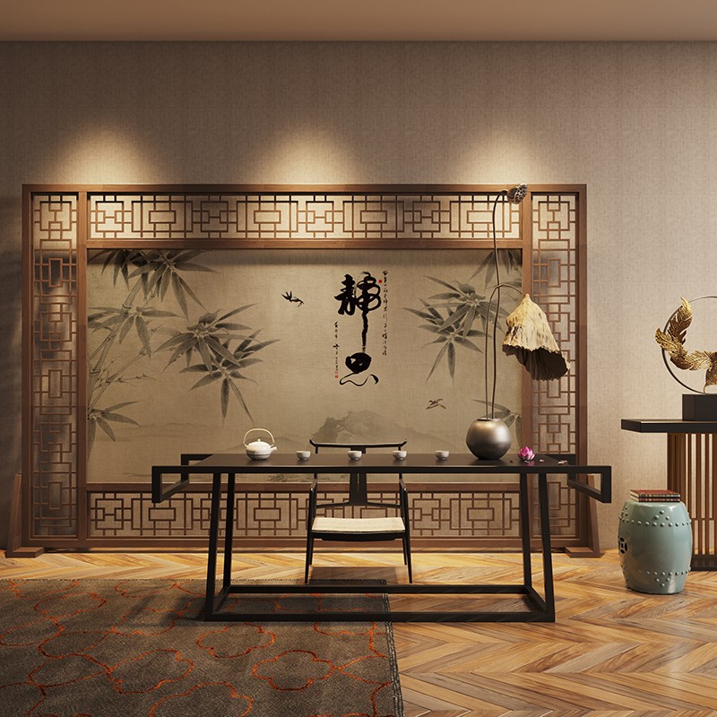 福维尼 中式禅意古典实木屏风隔断玄关客厅茶室酒店会议室背景墙移动