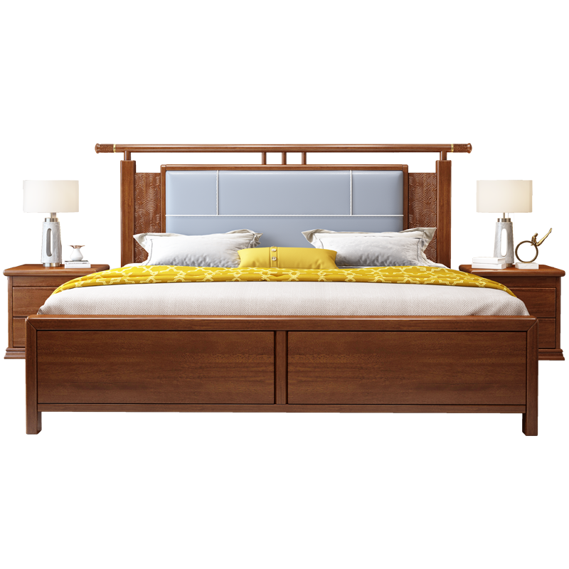 景腾 床 新中式金丝檀木实木床1.8米双人床主卧大床大户型现代高箱婚床卧室家具 床+床头柜x2 1.8米*2米标准款