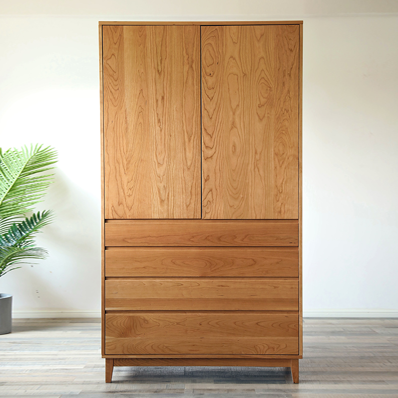 泉筑 北欧实木樱桃木衣柜简约现代推拉门日式卧室衣橱家用整体定制