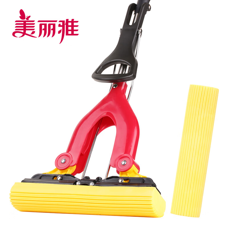 美丽雅对折胶棉地拖家用厨房浴室吸水拖把懒人免手洗墩布拖地神器一拖净 加强杆可伸缩共2拖头28CM