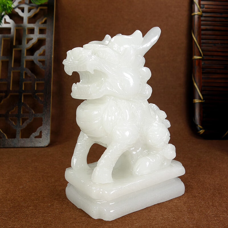 品奈玉石麒麟摆件一对天然玉石手工雕刻家居玄关客厅汗白玉摆件 高13