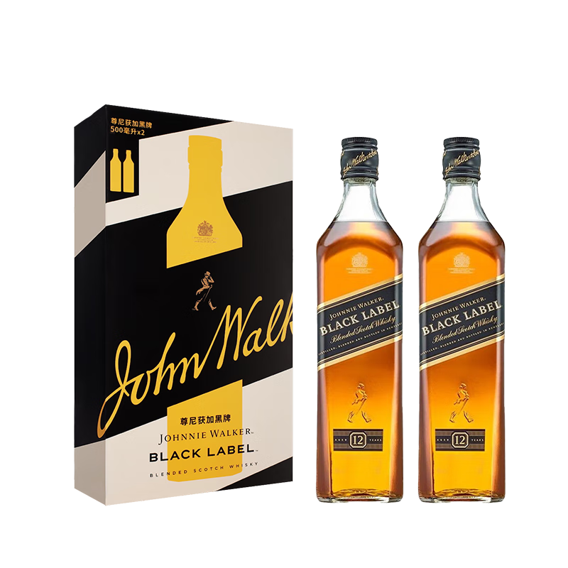 尊尼獲加（JOHNNIE WALKER）洋酒 12年黑方黑牌雙支禮盒裝500ml*2瓶 蘇格蘭調和型威士忌