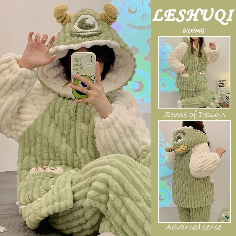 俞兆林睡衣女秋冬季珊瑚绒大眼怪三层夹棉家居服法兰绒款加绒加厚套装