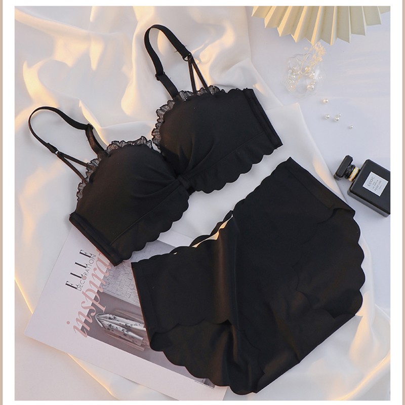 肩带内衣女小胸罩聚拢显大上托无钢圈防下垂收副乳少女文胸 黑色套装