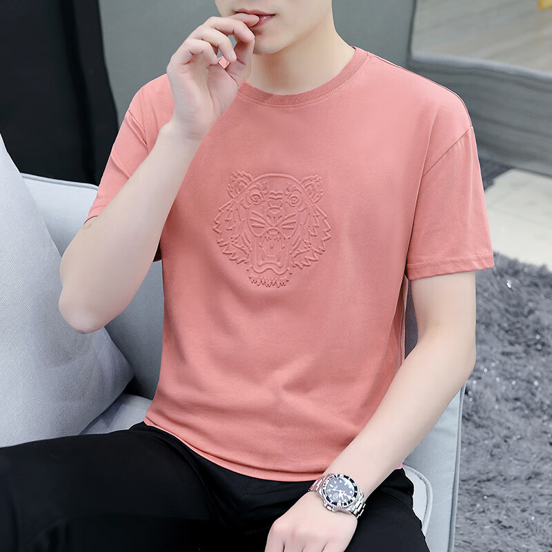 t恤男士夏季潮流虎头钢印男装半袖薄款休闲粉色夏装体恤 1060玫红色 m