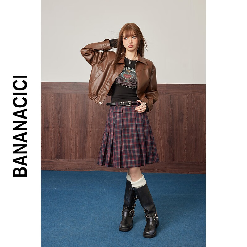 banana cici2023年秋冬新款美拉德复古PU皮百搭机车皮衣外套上衣C234WT167 深咖啡(摩卡咖) L