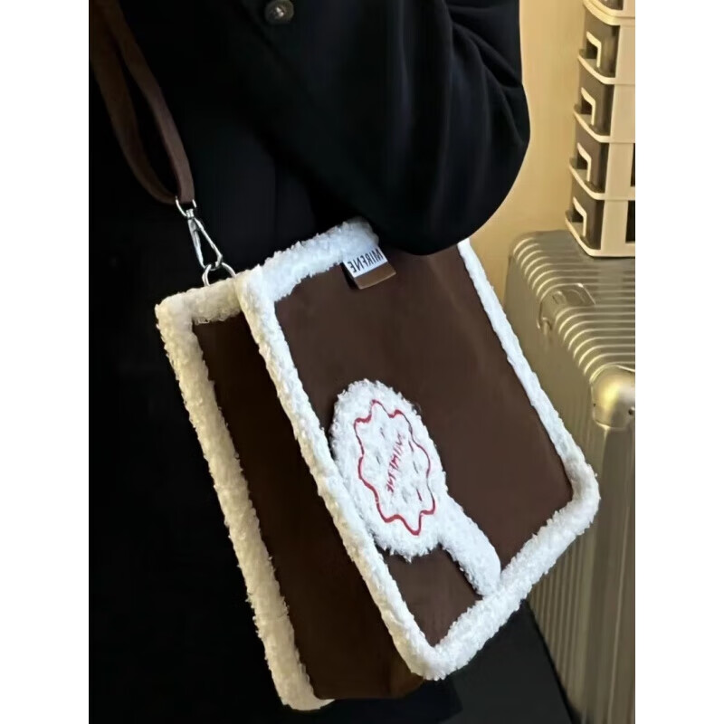 斯多朴秋冬羊羔毛通勤大容量手拎托特包2023毛绒包包女潮复古包女斜跨 深棕色(子母包)
