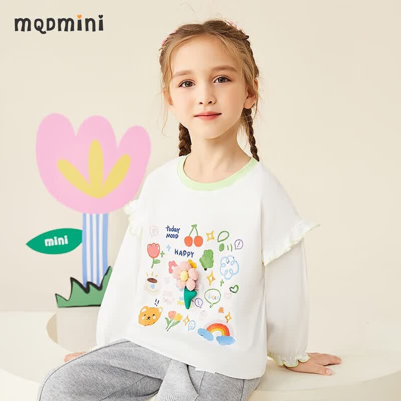 MQDMINI童装儿童T恤女童打底衫上衣秋季新款宝宝衣服 小兔熊花朵本白 110高性价比高么?