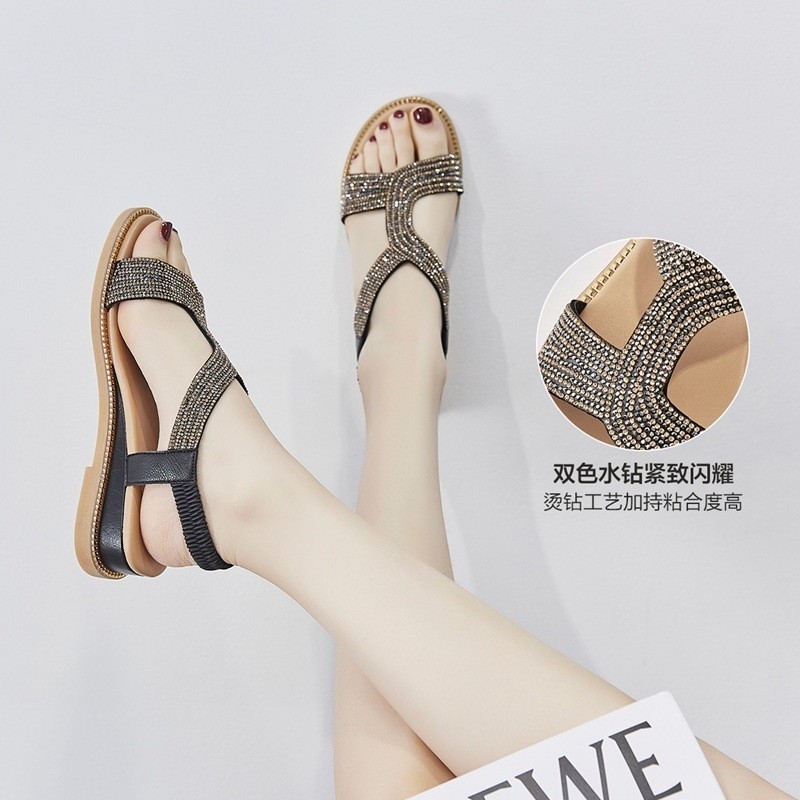 萱俪妮(XUANLINI)时尚装皮凉鞋女士2025年夏季新款百搭平底坡跟水钻沙滩女鞋子防滑 黑色 40