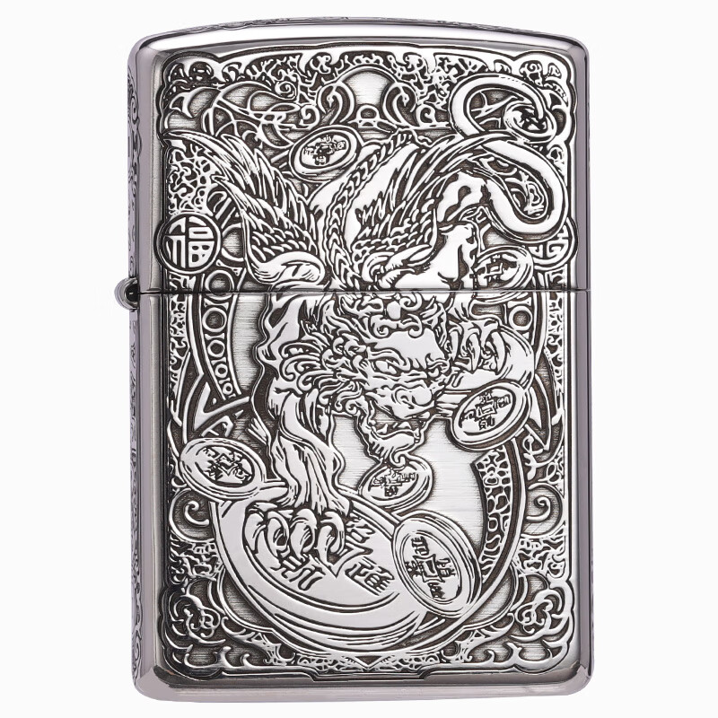 ZIPPO打火机官方正品防风芝宝盔甲纯银祥云龙招财貔貅送男士友生日礼物 重甲纯银招财貔貅【套餐款】