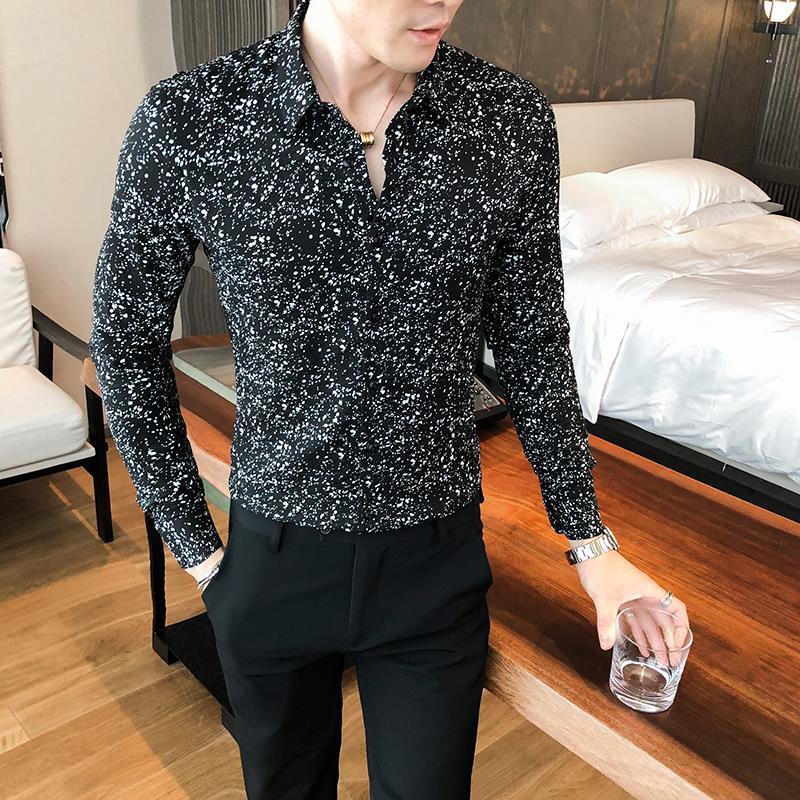 花衬衫男长袖春季圆点花纹黑白波点印花衬衣男潮流碎花长袖衬衫休闲帅