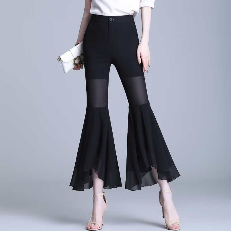 【高档】甩裤女宽腿裤女夏季垂感雪纺微喇叭裤薄款显瘦气质印花鱼尾裤