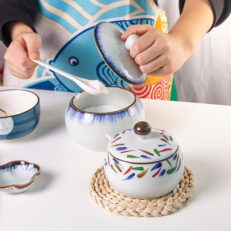 和风四季釉下彩调味罐盐罐厨房调料罐调料盒陶瓷辣椒罐猪油罐炖盅油辣子罐 四色大号调味罐(配勺) 550ml