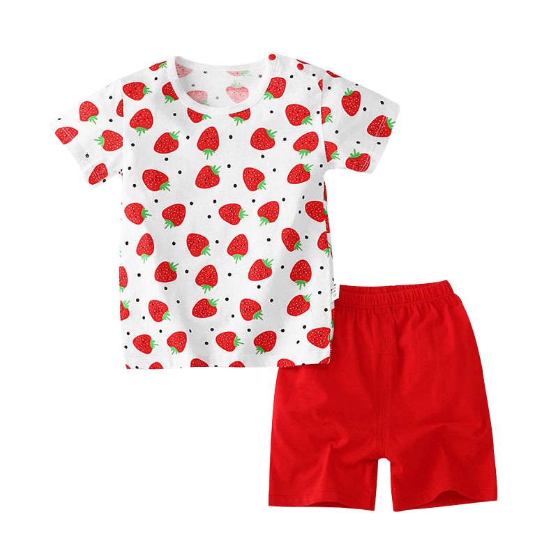 夏季儿童短袖短裤套装T恤男女宝宝童装男夏款 H短袖套装-满花草莓. 90CM