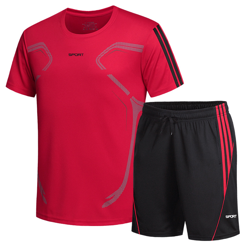 夏季套装男士短袖恤套装速干冰丝套装男大码跑步运动服 红色 XL