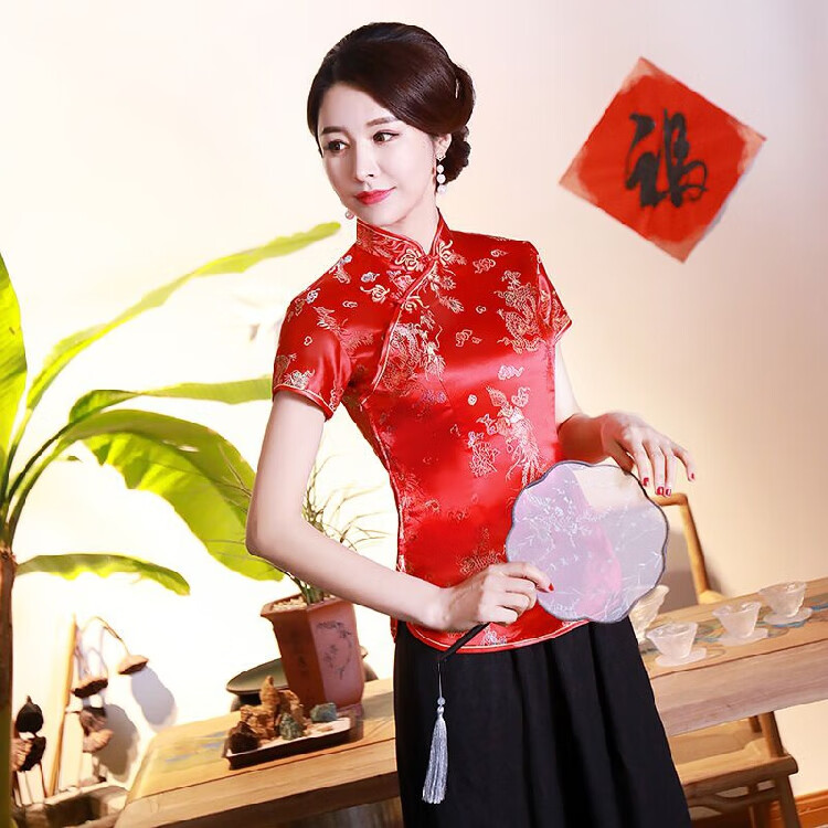 鹤舞清风民国风复古汉服女春夏装改良旗袍上衣中国风唐装大码立领盘扣茶服 龙凤短袖（上衣）大红 L（参考体重102-110斤）属于什么档次？