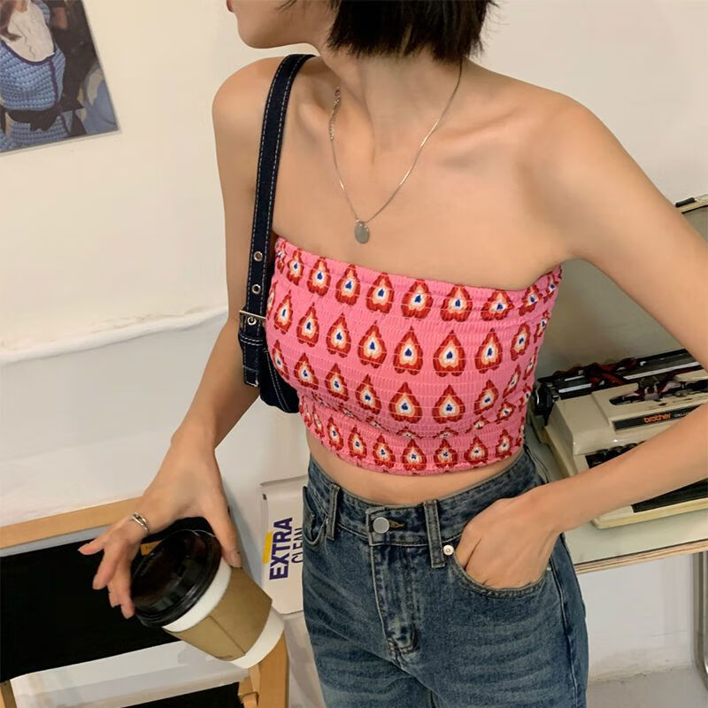 抹胸上衣女夏季性感露肩粉色爱心短款抹胸可外穿短款内搭针织 爱心粉