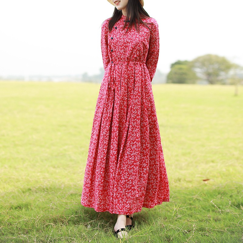 酷虎客棉麻连衣裙 亚麻裙子高档纯色的麻碎花盘扣连衣裙春秋立领斜襟