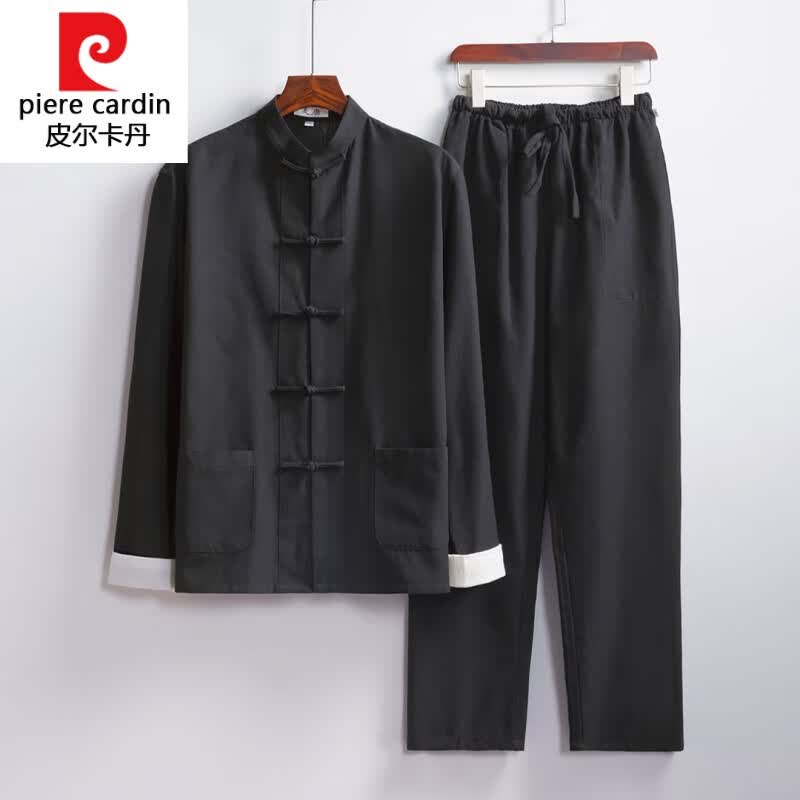 皮尔卡丹（pierre cardin）国潮套装唐装男民国春秋中山装中国风中老年男装汉服中式马褂长衫 棉黑色薄款 二件套 4XL 195-220斤怎么看?