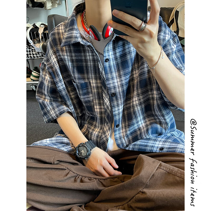 OEMG 冰丝夏季七分袖衬衫男韩版宽松痞帅衬衣休闲百搭潮流薄款外套 DSA007-C2175藏青格 L