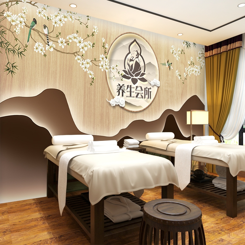 新中式养生会所美容院墙纸中医馆采耳店装修足浴店前台背景墙壁纸