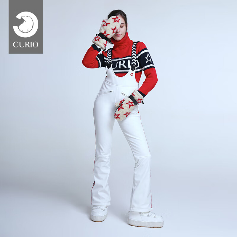 Curio 女士双板滑雪裤弹力加绒复古时尚运动修身背带裤 白色 S