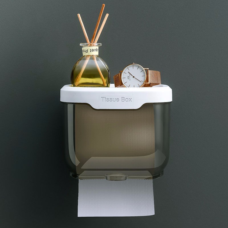 创意卫生间纸巾盒厕所置物架厕纸盒免打孔卫生纸置物架防水抽纸盒ff 透明黑小号