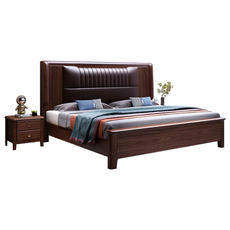 北尚（Sit Down） 床 黑胡桃木實木床中式現(xiàn)代簡約高箱儲物床主臥室雙人床婚床家具 黑胡桃木實木床【真皮軟包】 1800mm*2000mm框架結(jié)構(gòu)