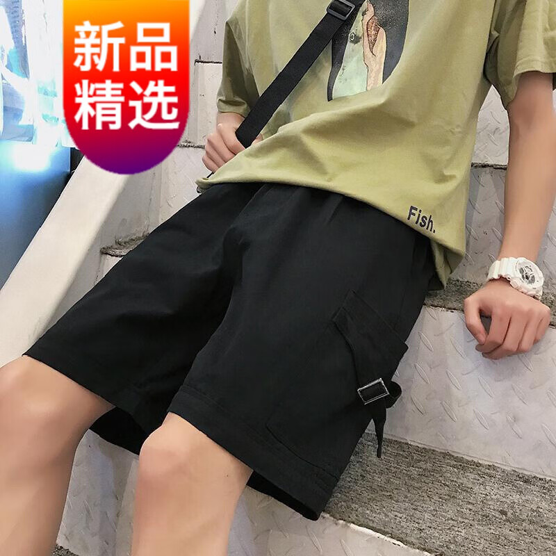 【夏季新品】男生短裤男宽松直筒五分裤潮流港风工装学生裤子运动男裤时尚宽松 黑色 M