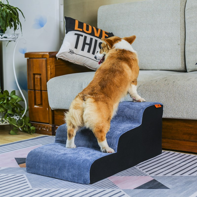 楼梯台阶狗狗防滑爬梯高龄犬上下床梯子海绵梯子可拆洗 灯芯绒灰蓝色