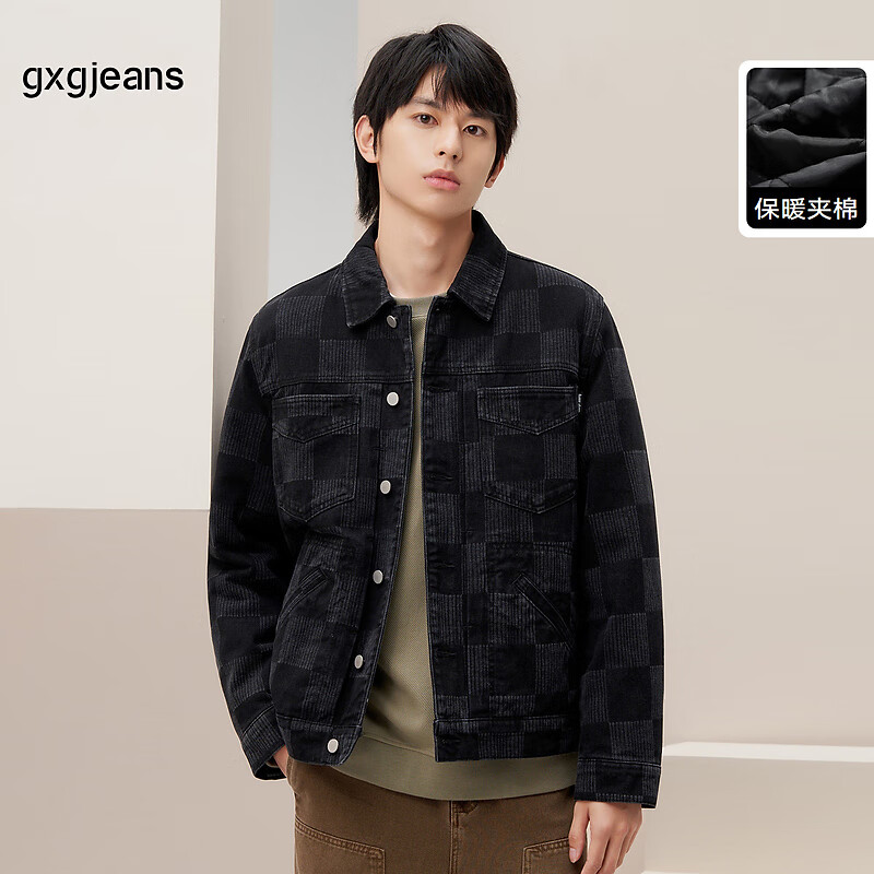 gxg.jeans男装 2024年秋季保暖夹棉翻领牛仔夹克外套男 黑色-2 M (170)