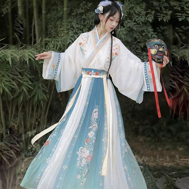 督型漢服成人女學(xué)生古裝仙女裙齊胸襦裙古裝改良古風(fēng)清新唐裝日常班服 間領(lǐng)藍(lán)色 L